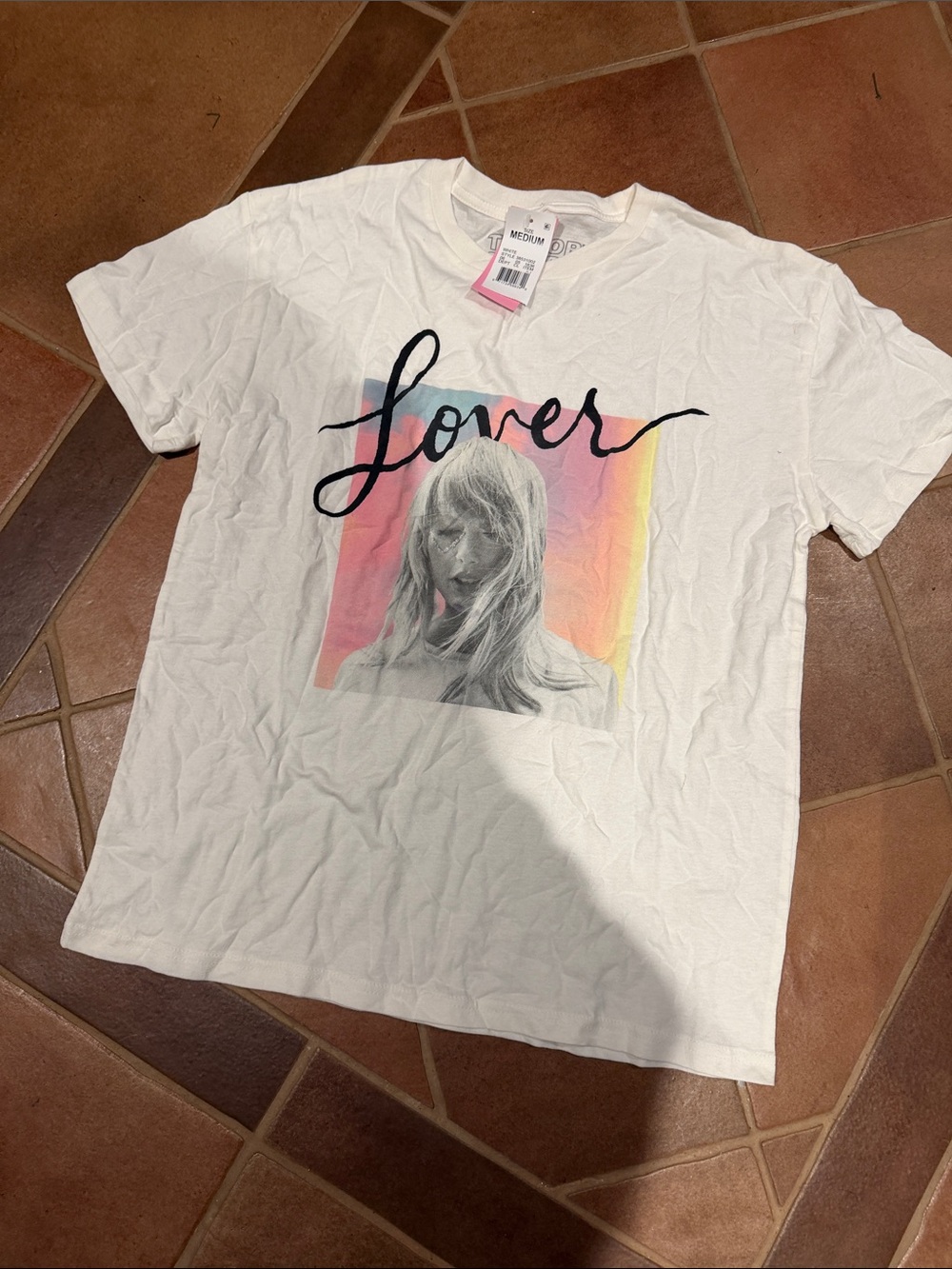 Taylor Swift White 'Lover' Graphic Tee with Pastel Gradient Print